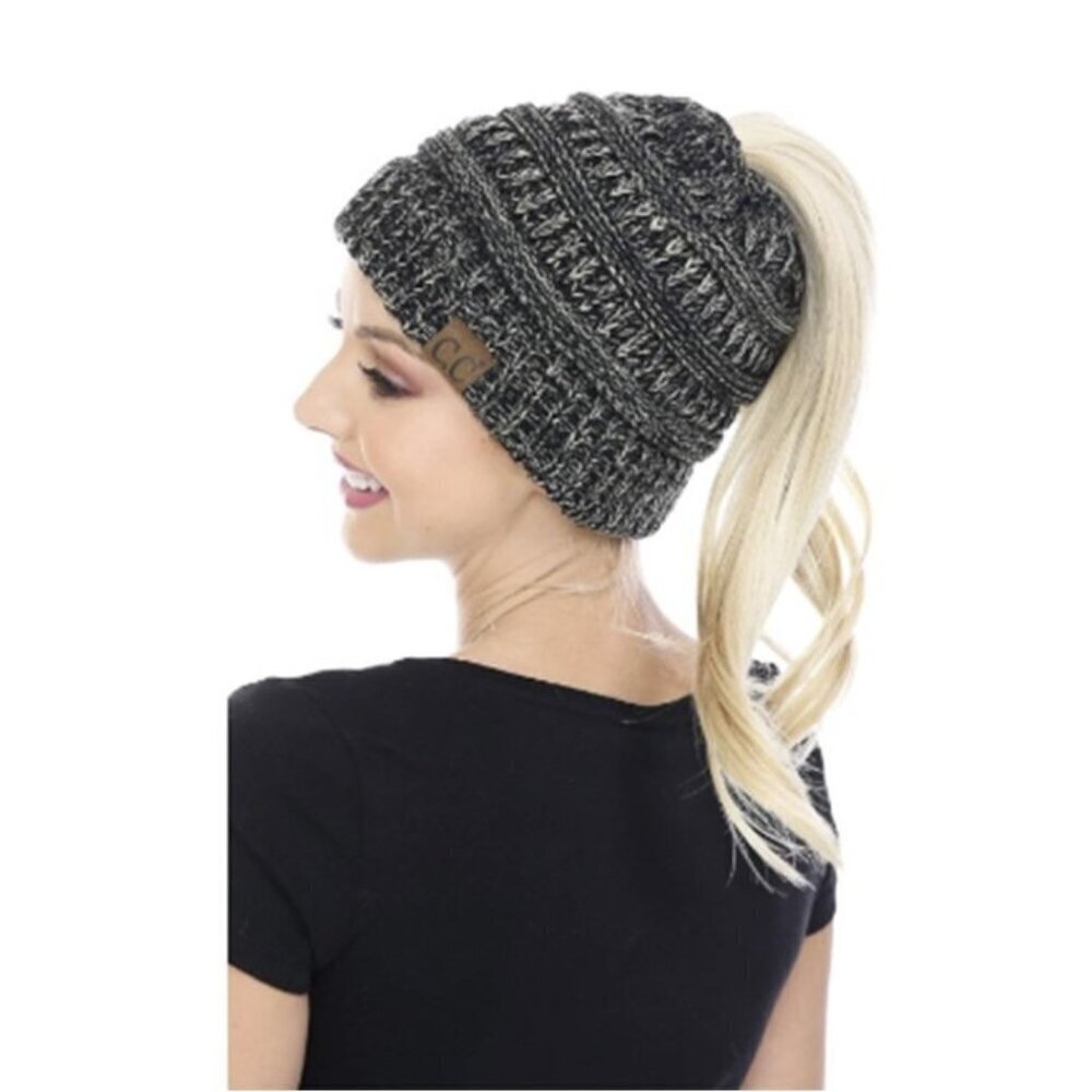 🏆C.C New Cable Knit Two Tone Messy Bun Ponytail Beanie Hat